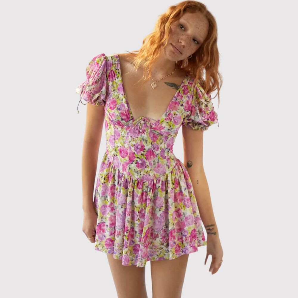 For Love & Lemons Mini Dress Paulina Silk Floral Corset Puffed Coquette Medium
